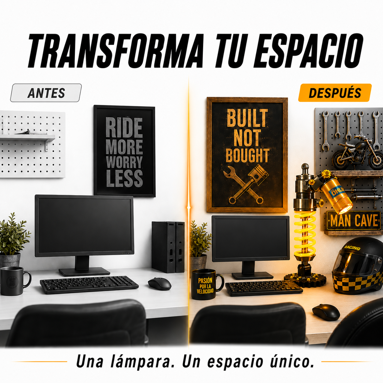 Otra vista de escritorio gamer transformado con la Lámpara Amortiguador Edición Lujo como pieza central de decoración
