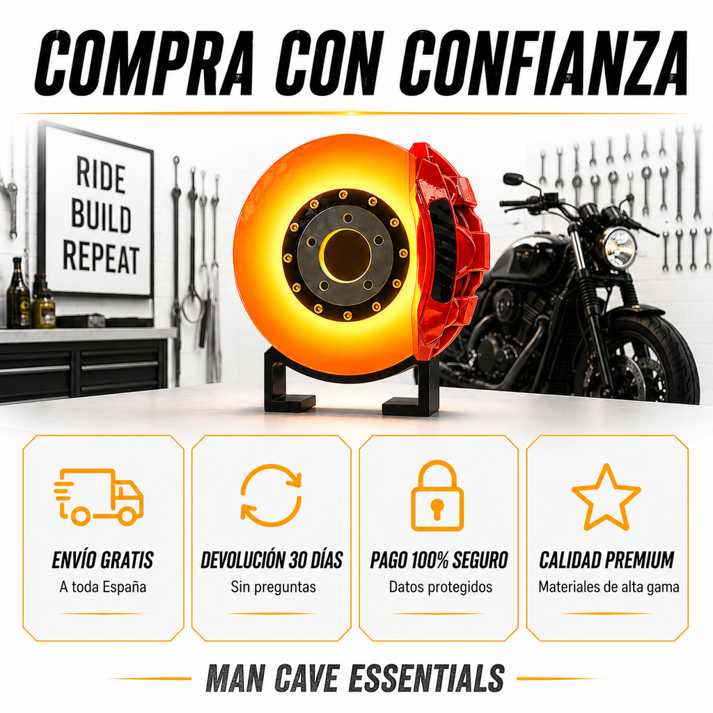 Garantías de CaveDecor: envío gratis a toda España, devolución de 30 días, pago 100% seguro y calidad premium en la Lámpara Freno de Disco