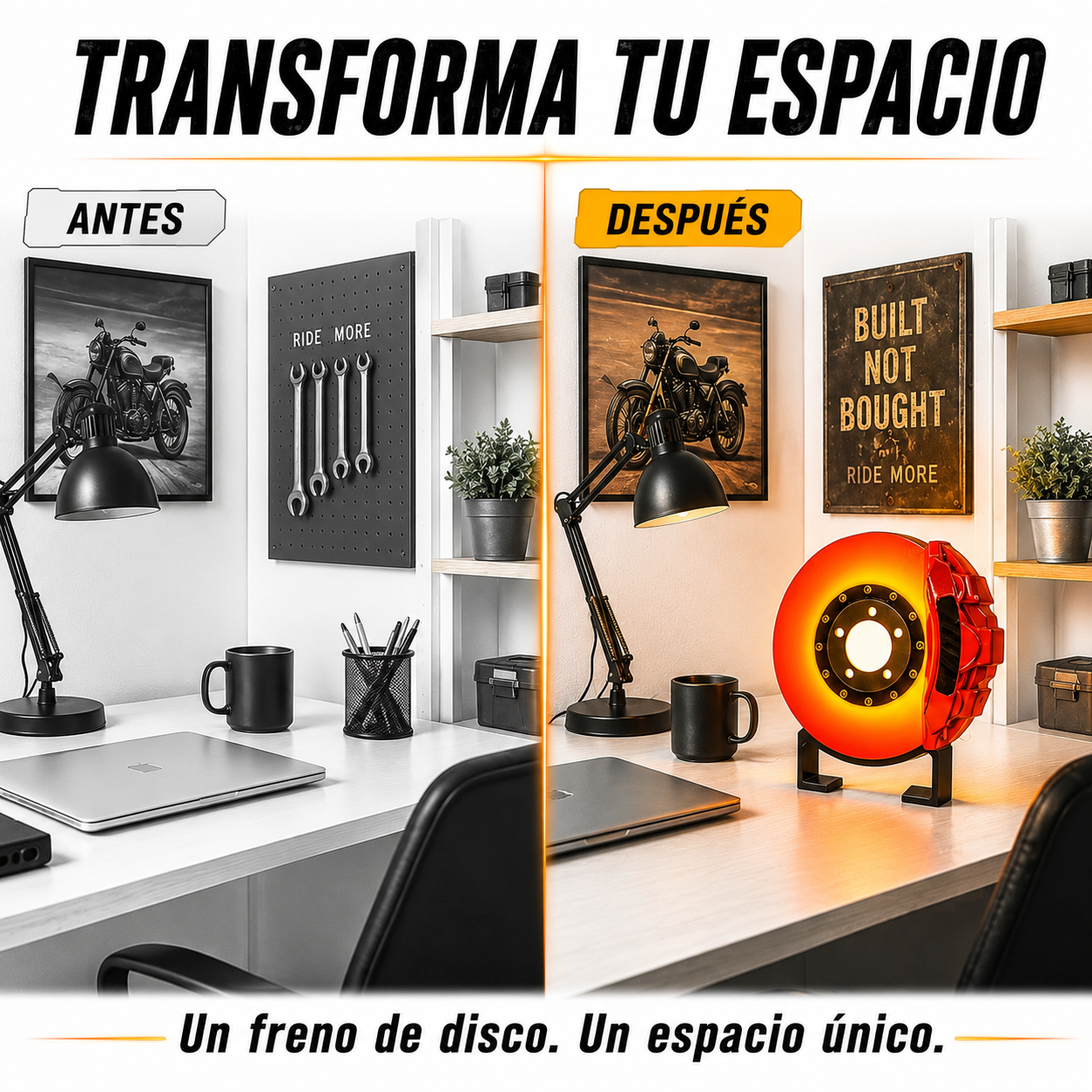Escritorio decorado antes y después de añadir la Lámpara Freno de Disco Edición Lujo como pieza central de decoración