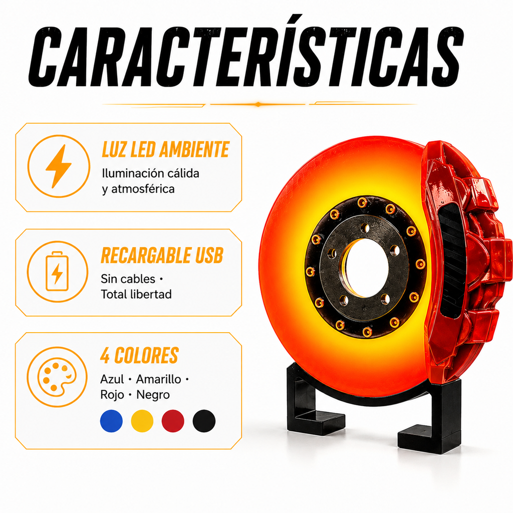 Características de la Lámpara Freno de Disco: luz LED ambiente, batería recargable USB y disponible en 4 colores (azul, amarillo, rojo, negro)