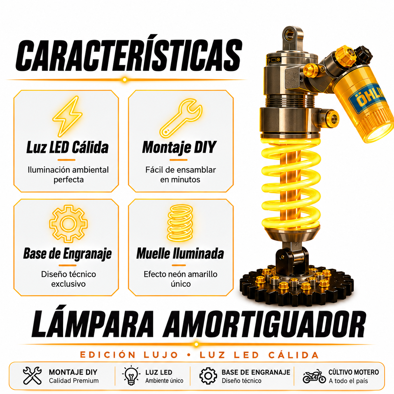 Características de la Lámpara Amortiguador Edición Lujo: luz LED cálida, montaje DIY, base de engranaje y muelle iluminado en neón amarillo