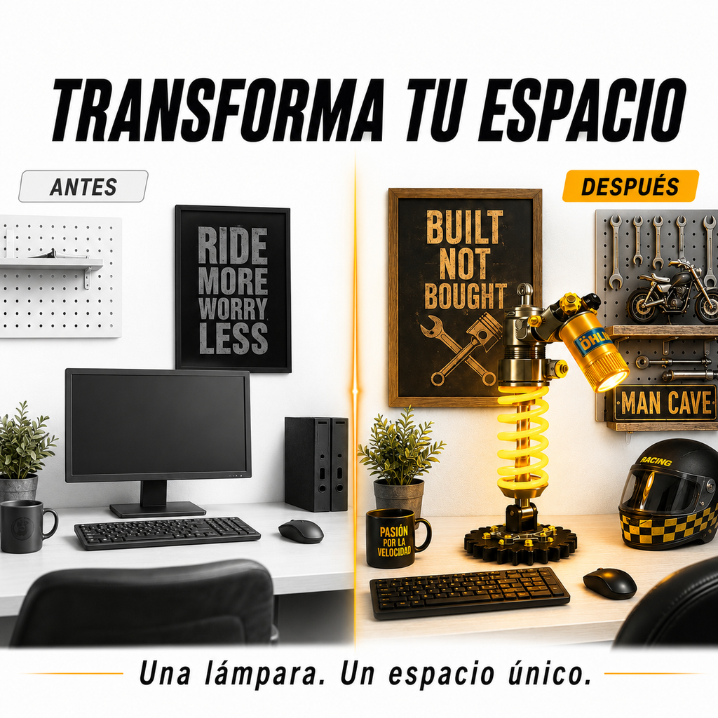 Escritorio decorado estilo man cave con la Lámpara Amortiguador Edición Lujo, antes y después de añadir la lámpara decorativa