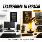 Escritorio decorado estilo man cave con la Lámpara Amortiguador Edición Lujo, antes y después de añadir la lámpara decorativa