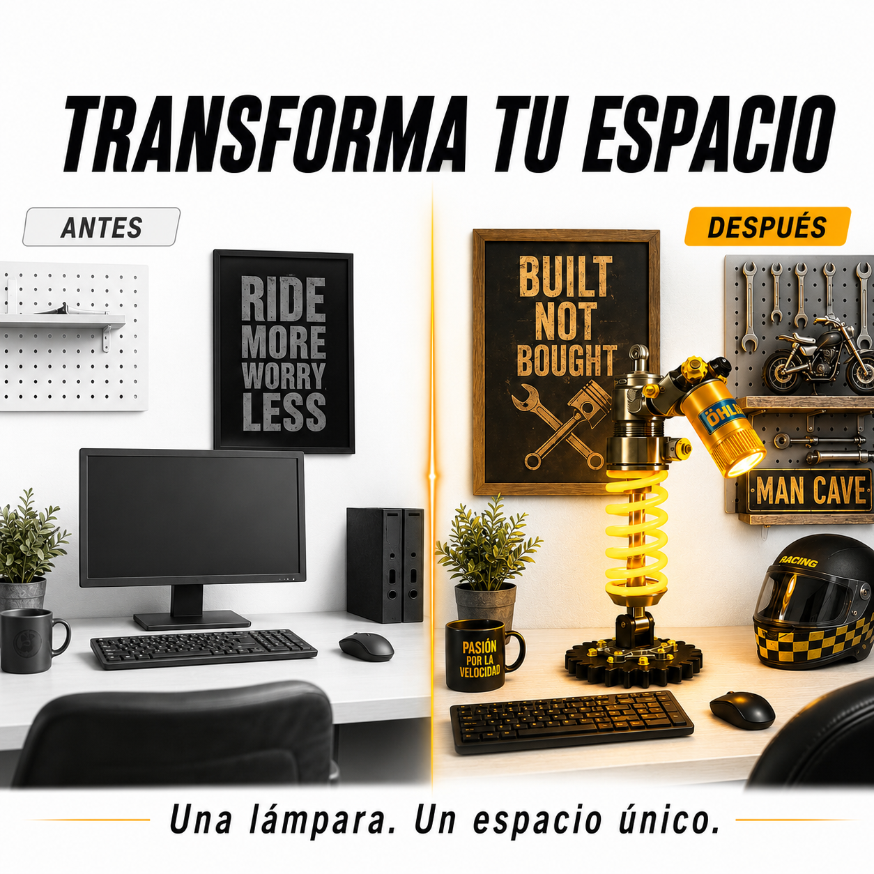 Escritorio decorado estilo man cave con la Lámpara Amortiguador Edición Lujo, antes y después de añadir la lámpara decorativa